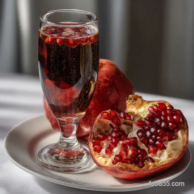 Elegant champagne flutes arranged on a mirrored tray, bursting with ruby red pomegranate seeds, a picture of sophisticated...