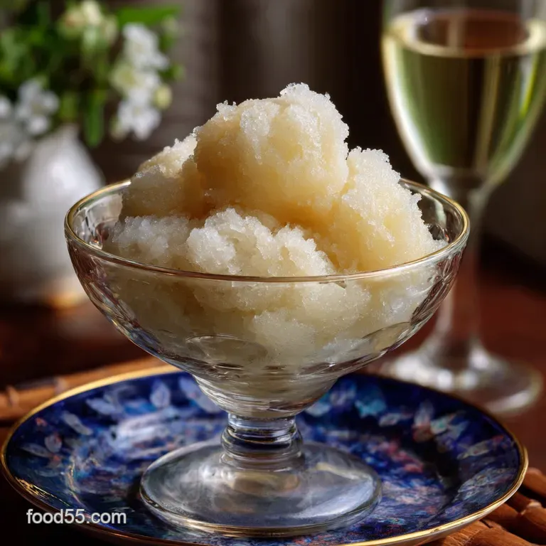 Three scoops of champagne sorbet arranged on a slate plate with edible flowers and a drizzle of simple syrup. Elegant and ...