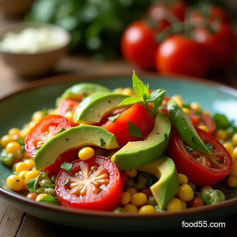 The Glorious Summer Smash Charred Corn Avocado and Heirloom Tomato Salad presentation