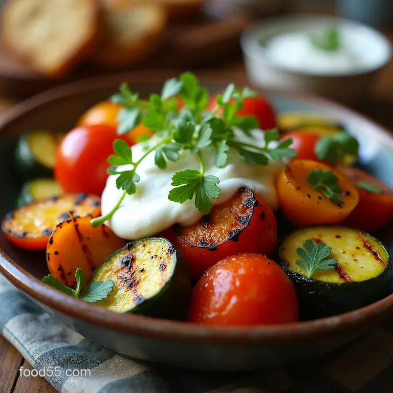 Charred Summer Grilled Vegetable Platter with Yogurtmint Sauce presentation