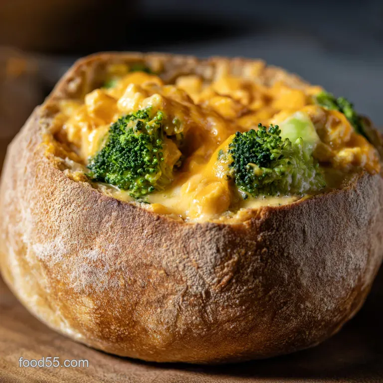 Cheddar & Broccoli Soup Served in a Warm Homemade Bread Bowl