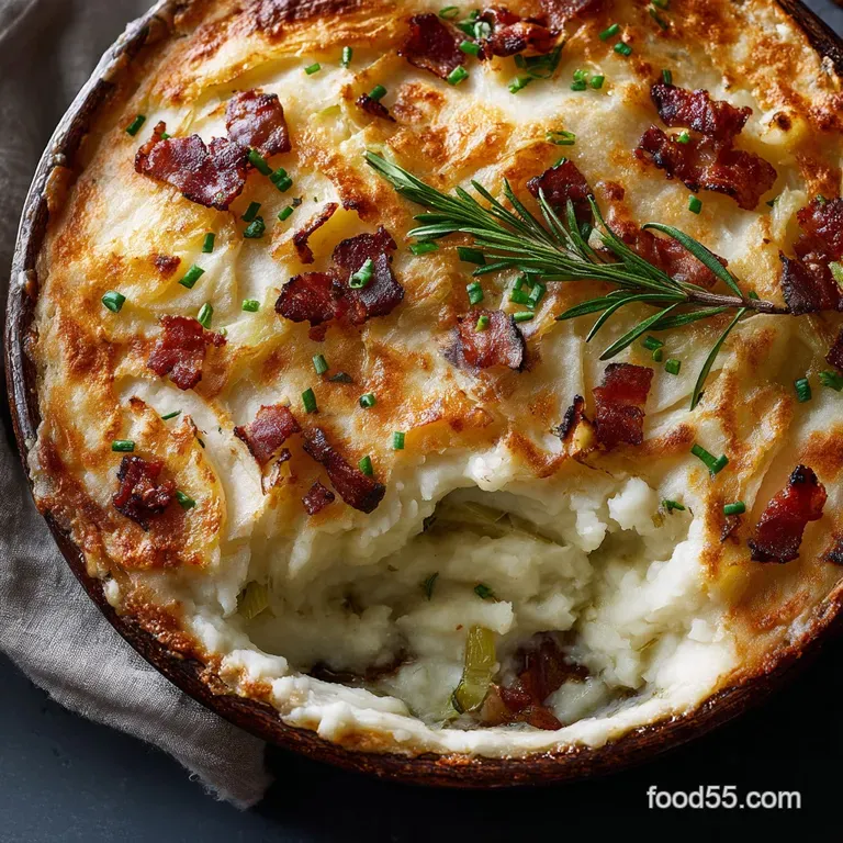 The Great British Comfort Pie Cheesy Mashed Potato Bacon and Leek Pie presentation
