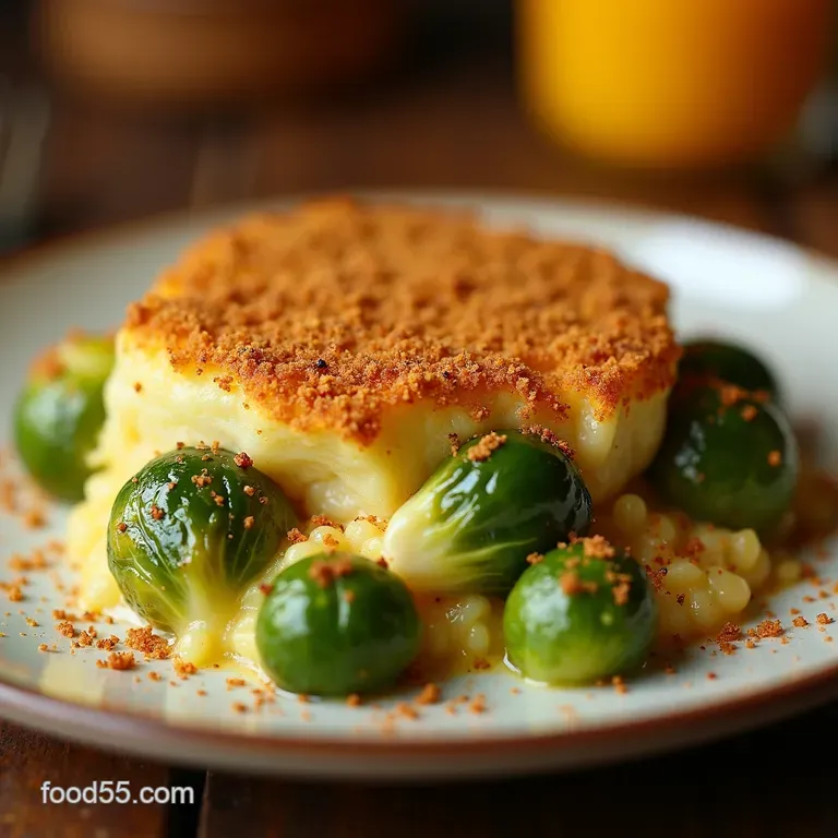 Cheesy Brussels Sprouts Gratin with Crispy Panko Top presentation