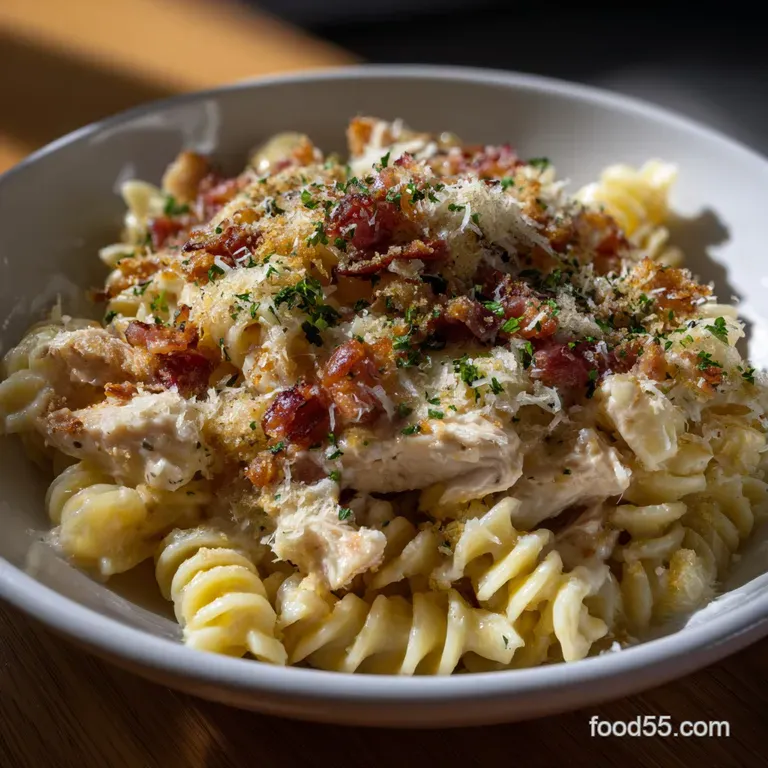 The Ultimate Cheesy Chicken Bacon Ranch Pasta presentation