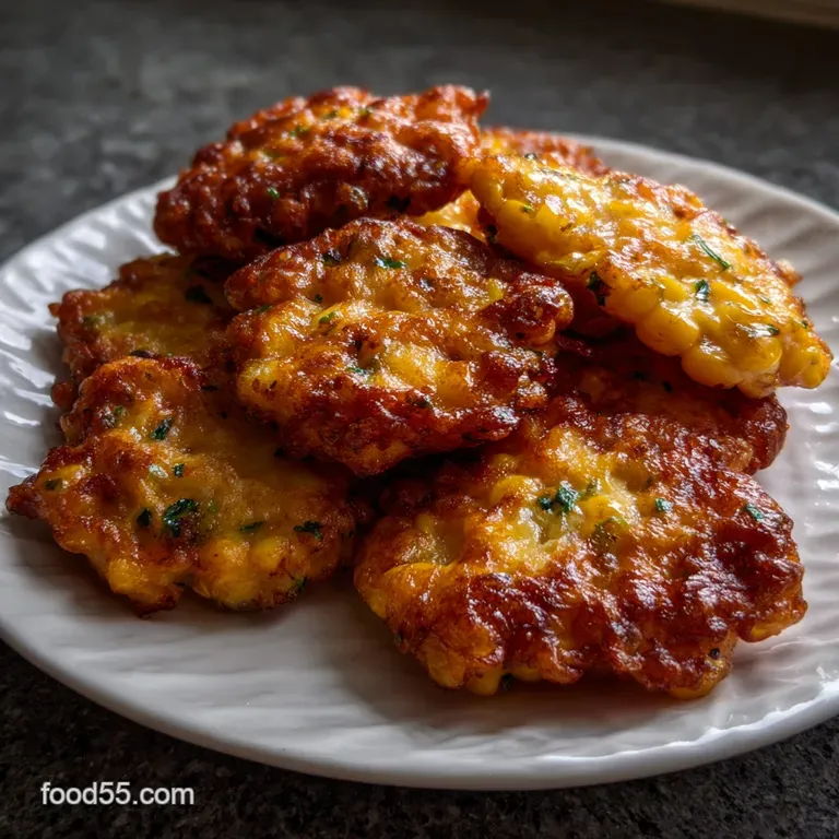 Three vibrant, cheesy corn fritters elegantly plated. Garnished with a sprig of fresh herbs and a drizzle of creamy sauce.