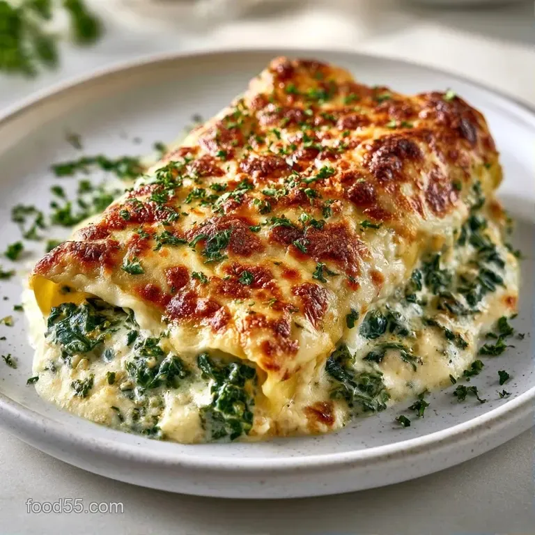 Three pasta tubes filled with green chard, drizzled with creamy sauce and garnished with a sprig of fresh parsley.