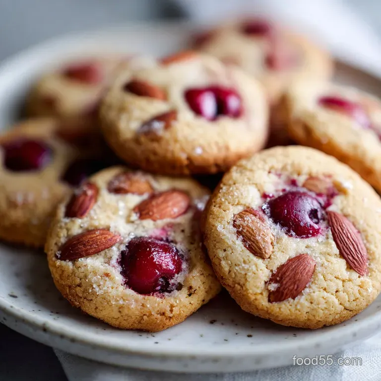 Close up of almond cherry cookies served on a plate, with a scattering of flaked almonds and dried cherries around the base.