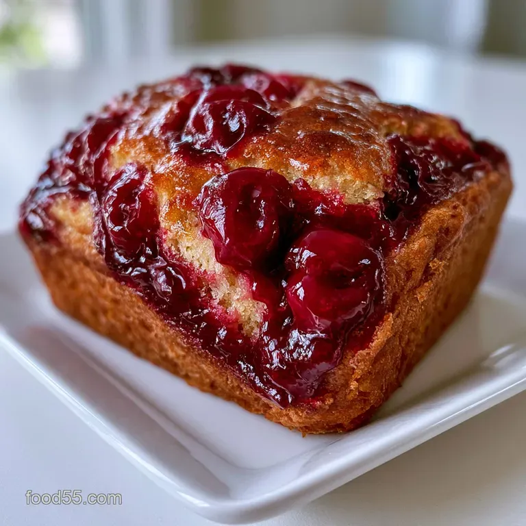 A thick slice of fruit-filled bread on a white ceramic plate with a side of fresh cherries and a dusting of sugar.