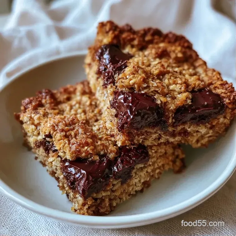 Neatly sliced oat squares on a white marble platter, garnished with a drizzle of honey and a sprinkle of sea salt.