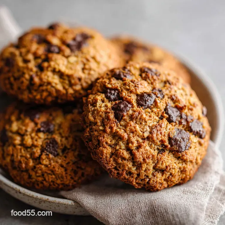 A stack of fresh-baked oatmeal cookies on a rustic wooden board, drizzled with milk.