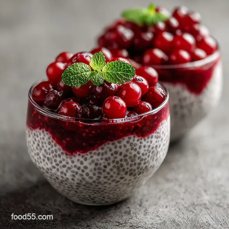 Individual ramekin of chilled chia seed pudding with a swirl of berry compote and a sprinkle of chopped nuts.