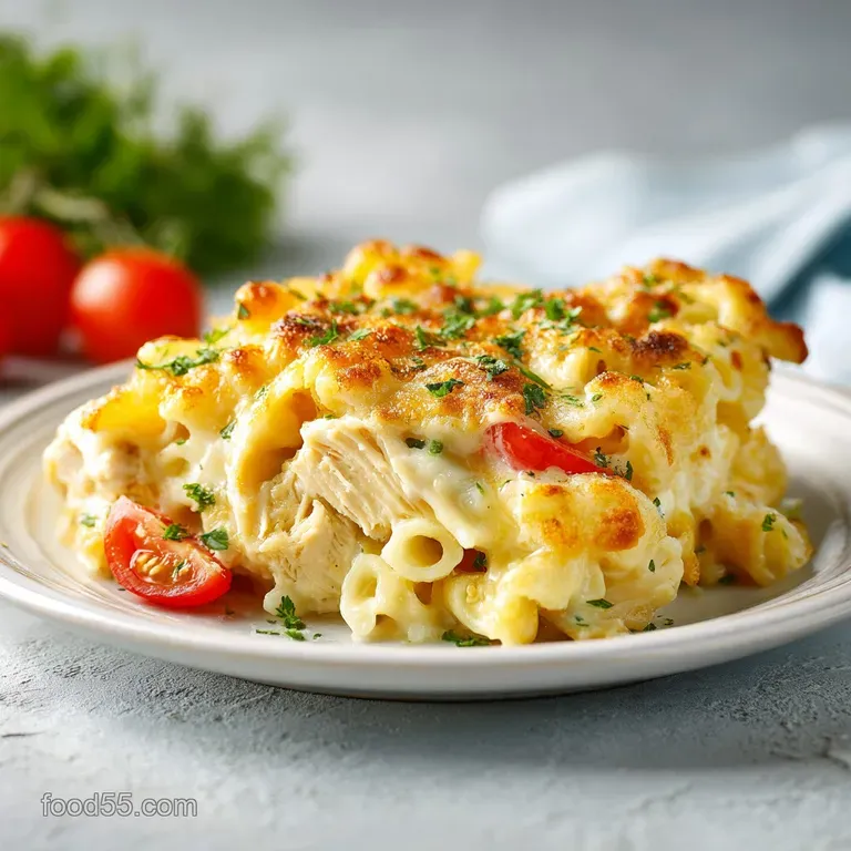 Creamy Alfredo pasta swirling around tender chicken chunks. Fresh parsley sprinkled on top. Warm and inviting.