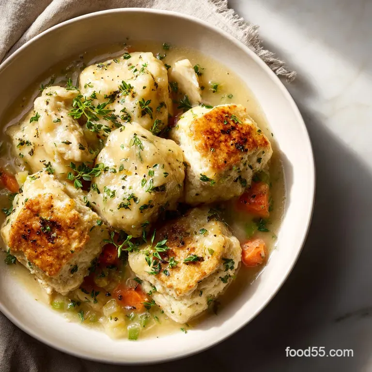 Plated chicken and dumplings with vibrant green parsley garnish. Steaming and creamy, served in a white bowl, hints of pep...