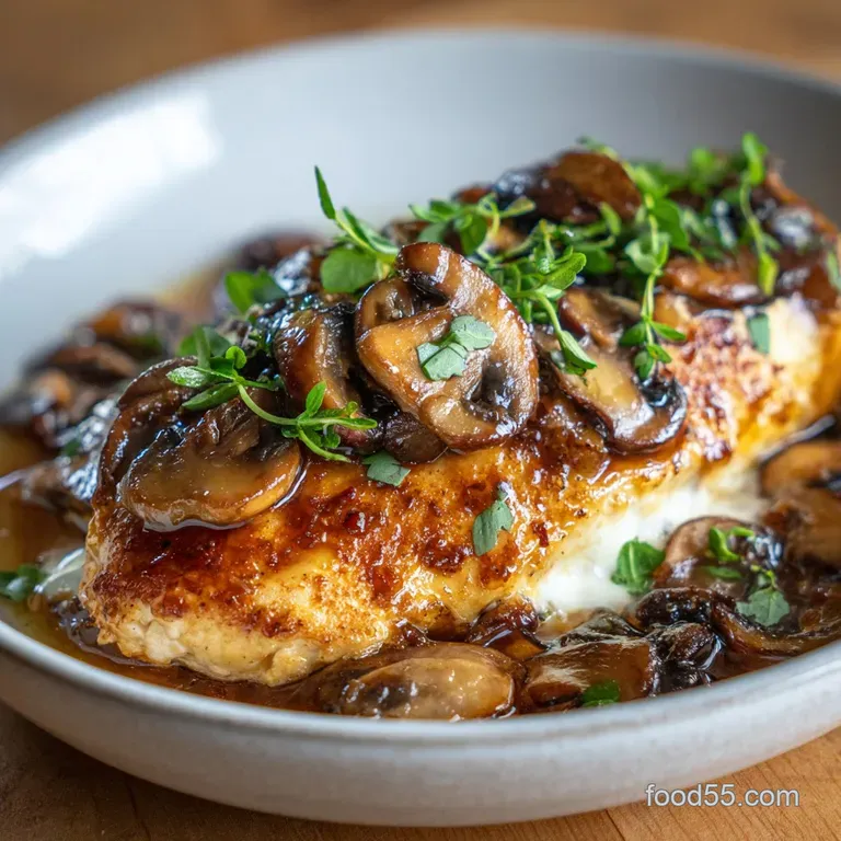 Elegant plate with tender chicken breast smothered in a decadent mushroom sauce. Asparagus spears and mashed potatoes comp...