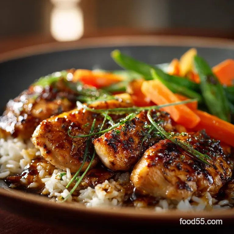 Chicken over Rice with Fresh Vegetables: Sticky Soy Glaze Crunchy Toppings presentation