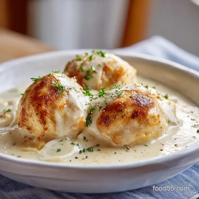 Three golden-brown chicken breasts arranged on a white platter, drizzled with glossy white sauce and microgreens.