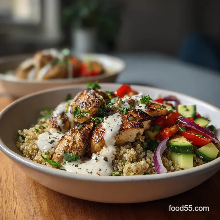 Chicken quinoa bowl artfully arranged on a plate; glistening chicken, fluffy quinoa, and colorful vegetables create an inv...