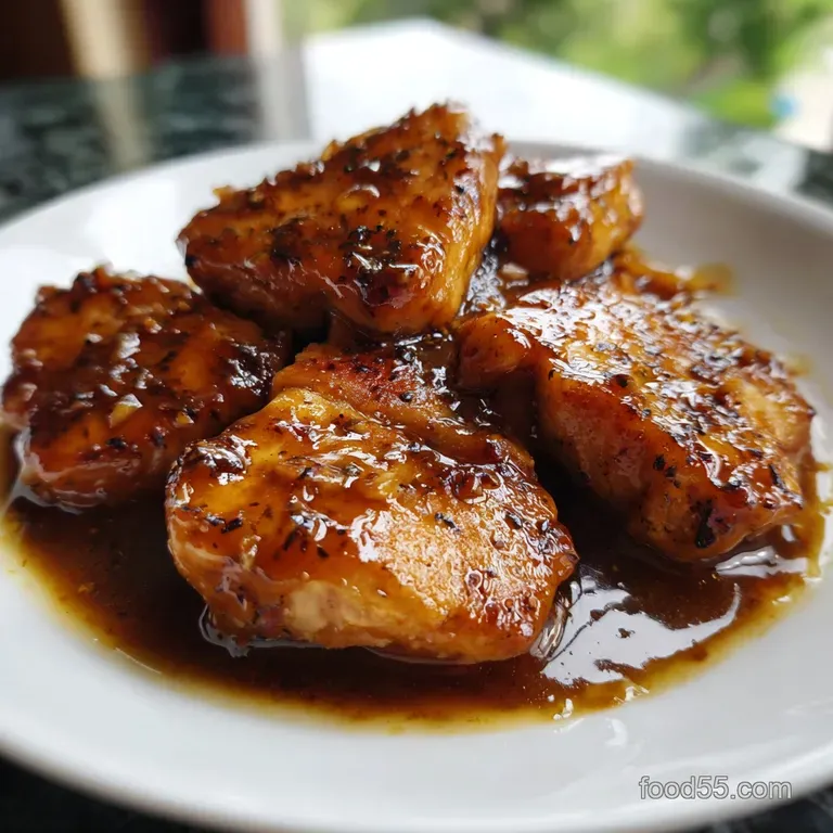 Braised chicken thigh on creamy yellow polenta, drizzled with a glossy reduction and topped with fresh parsley.