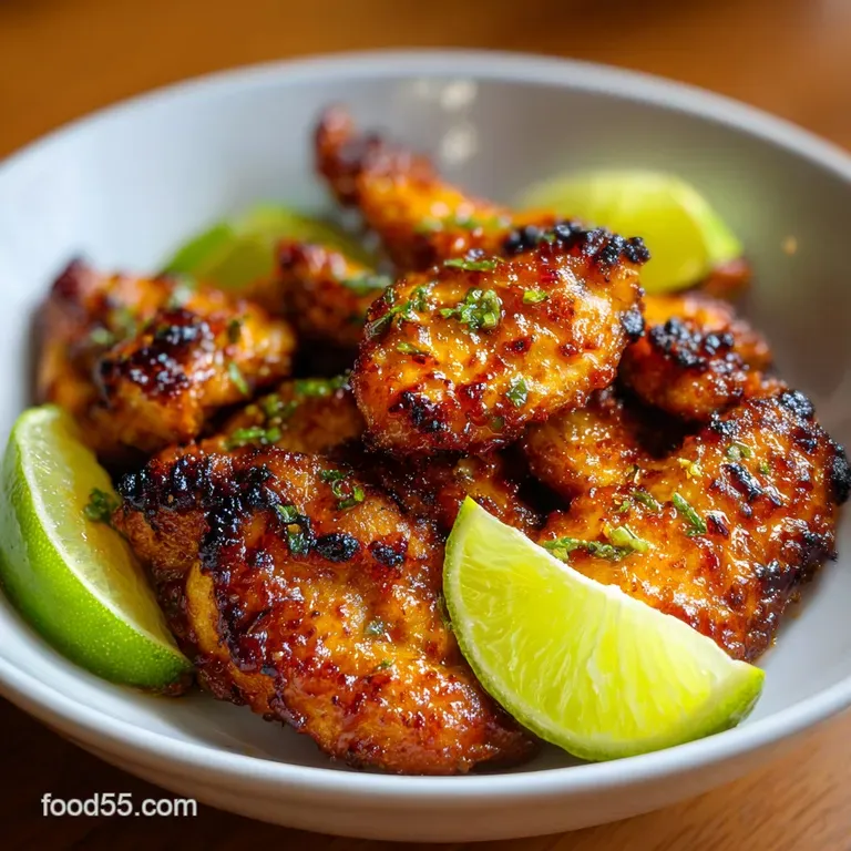 Seared chicken breasts arranged on a ceramic plate with vibrant lime wedges, red chili slivers, and fresh herbs.