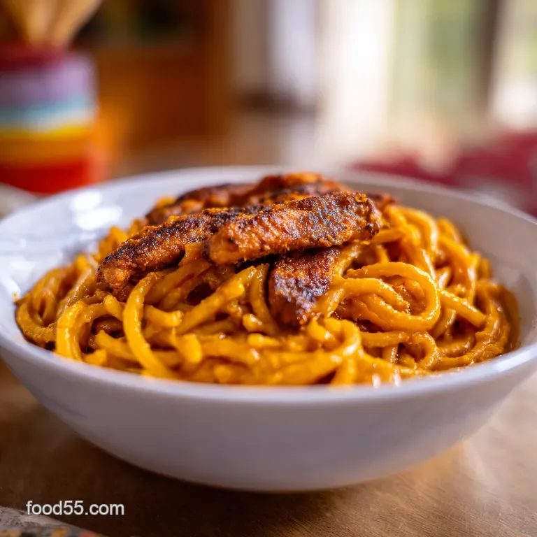 A white ceramic bowl filled with pasta in a velvety orange sauce, topped with melted cheese and fresh parsley.