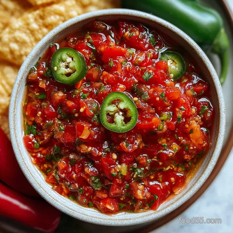 Freshly made salsa in a glass bowl, garnished with bright green cilantro sprigs, surrounded by crispy tortilla chips on a ...