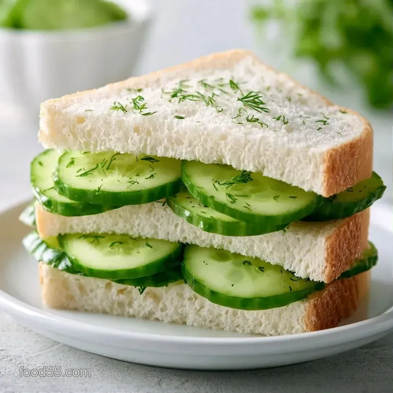 Precise rows of crustless white bread sandwiches topped with thin cucumber rounds and a sprig of fresh green dill.
