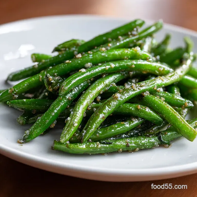 Saut&eacute;ed bright green beans topped with minced garlic on a dark slate plate with a sprinkle of toasted sesame seeds.