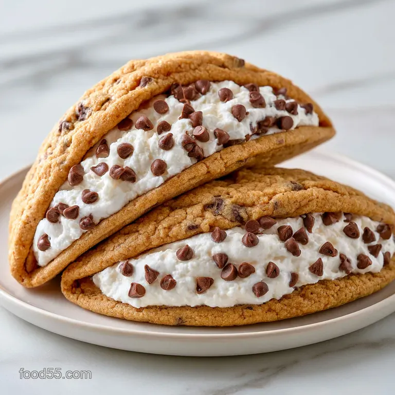 Three curved golden cookies filled with white cream on a white ceramic plate garnished with fresh strawberry slices.