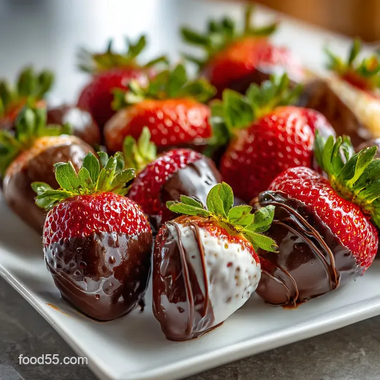 Elegant arrangement of chocolate strawberries, some with drizzles, on a white plate. Suggests a sweet, indulgent treat, pe...