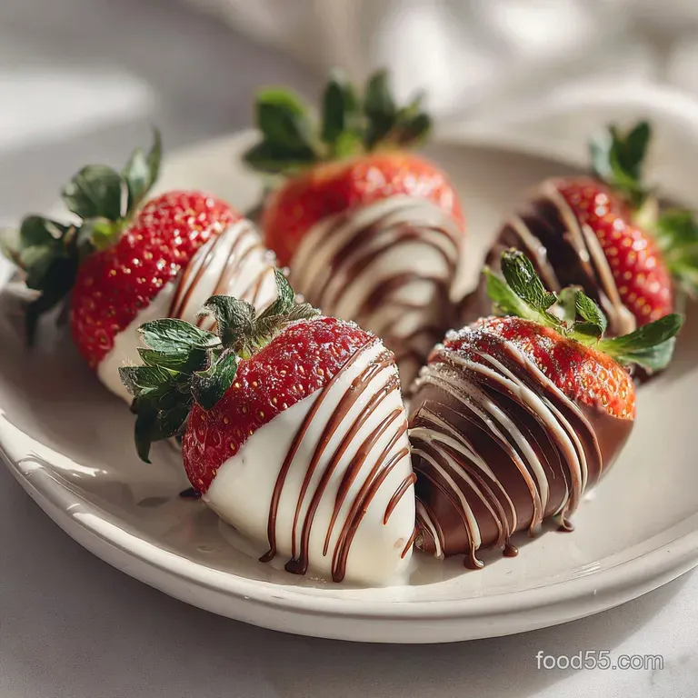 Glossy chocolate-covered strawberries elegantly arranged on a white plate, dusted with powdered sugar and garnished with m...