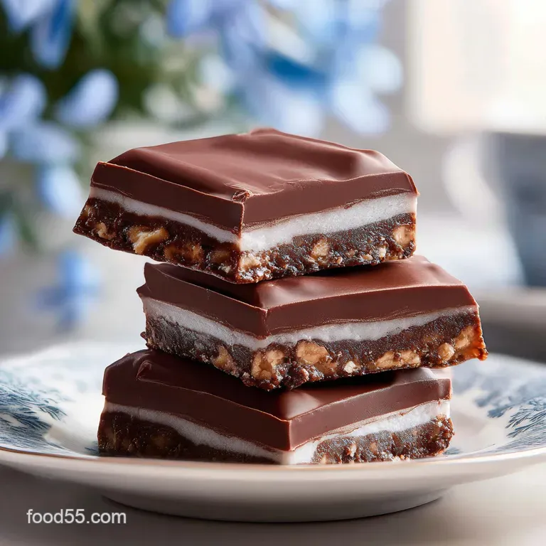Slice of dark chocolate cake on a white plate, dusted with cocoa. Berries and a sprig of mint add freshness and color.