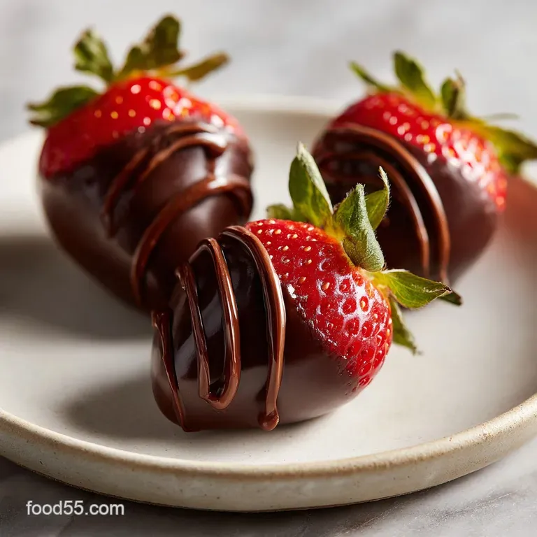 Elegant dessert plate showcasing chocolate-covered strawberry hearts. Dark chocolate contrasts with the bright red, gliste...