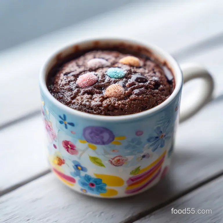 Individual molten chocolate cake in a white mug, topped with a scoop of vanilla ice cream and a scattering of cocoa powder...