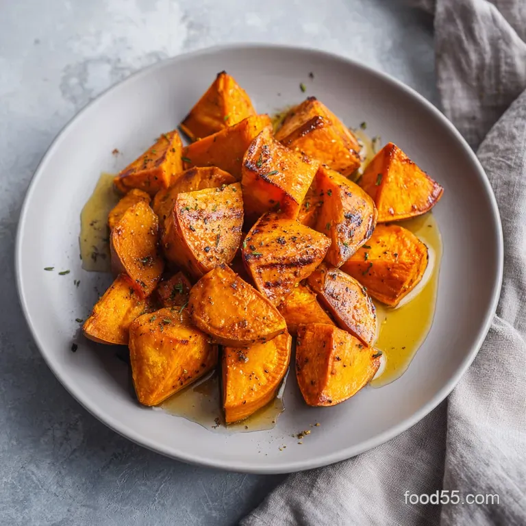 Golden-brown roasted sweet potatoes drizzled with honey and dusted with cinnamon, arranged artfully on a white plate. Read...
