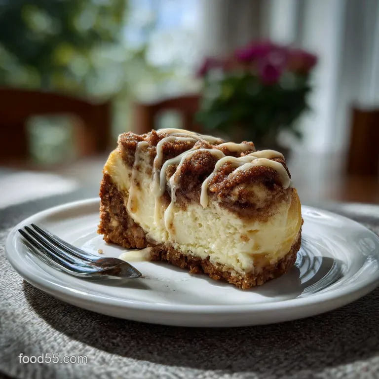 Creamy cheesecake slice, swirled with cinnamon, topped with glossy glaze, sitting on a crisp pastry crust, inviting and de...