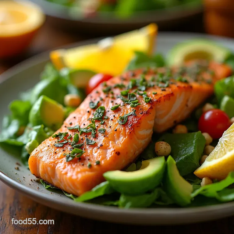 Citrusseared Salmon Creamy Avocado Salad presentation