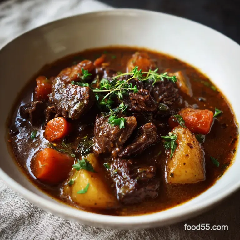 A steaming bowl of beef stew, garnished with fresh parsley. Meaty chunks and a thick, glossy sauce create a comforting vis...