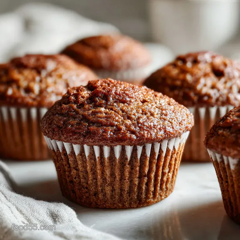 Warm bran muffin split open, revealing moist interior. Molasses glistens in a small dish, hinting at a sweet, rich flavor.