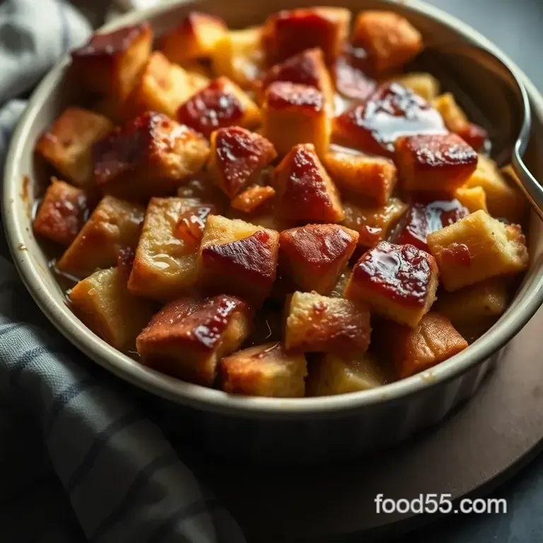 Classic Brioche Bread Pudding with Bourbon Caramel Sauce presentation