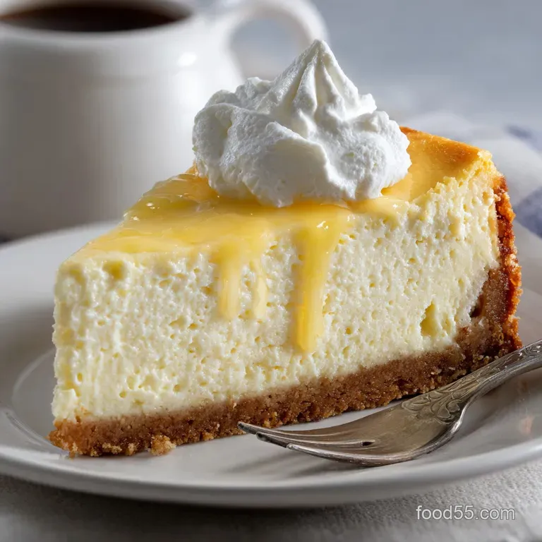 Slice of rich cheesecake with a smooth, tangy sour cream swirl, artfully plated with a dusting of powdered sugar.