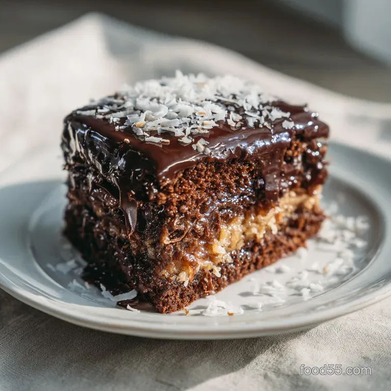 Slice of decadent German chocolate cake with pecan frosting on a white plate. Crumbly texture and soft lighting.