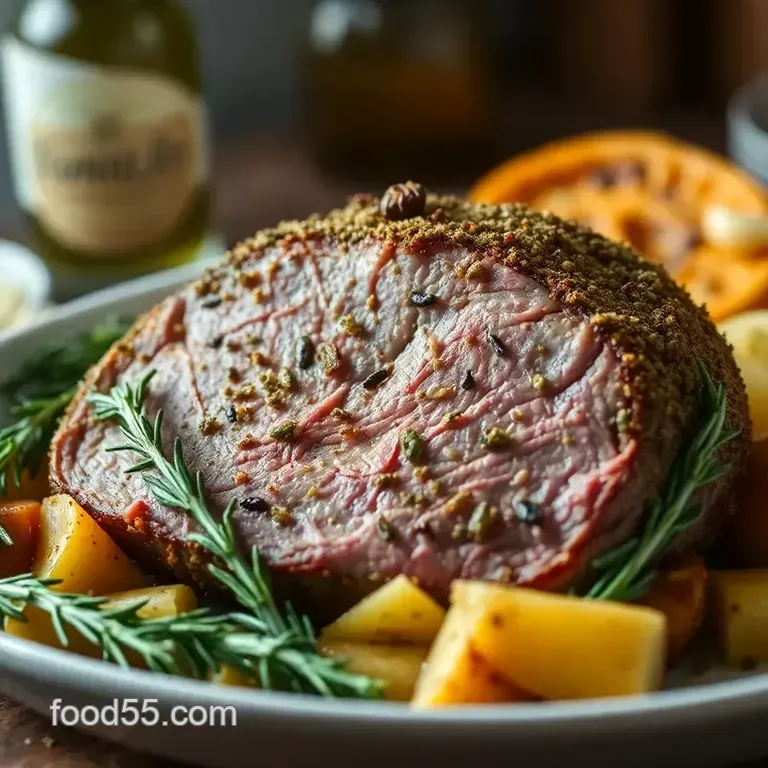 Classic Herb-Crusted Bottom Round Roast with Roasted Vegetables presentation