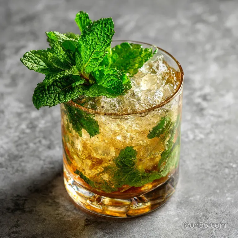 A classic mint julep cocktail, perfectly chilled with condensation on the glass, garnished elegantly.