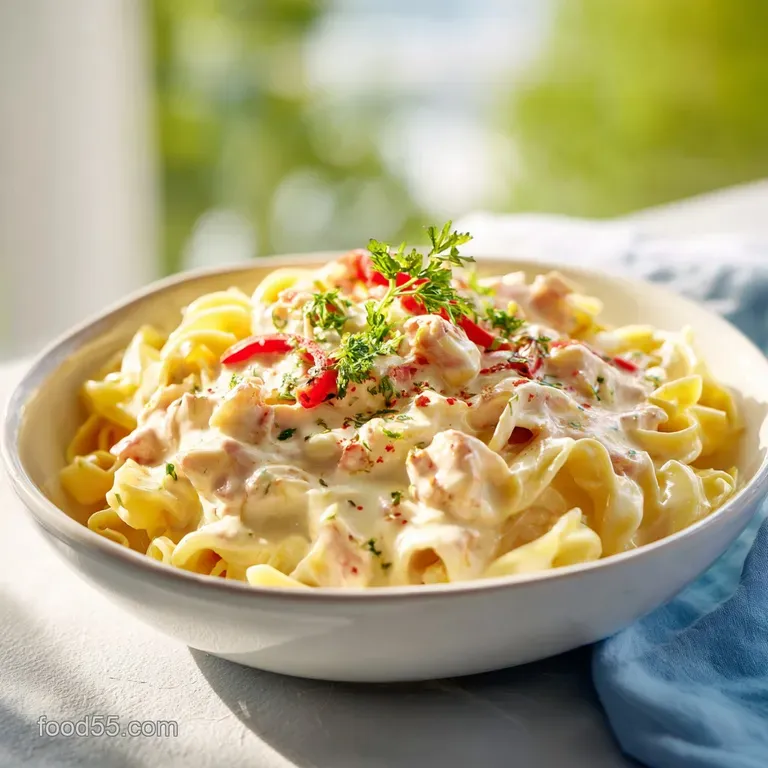 Elegant plating: Creamy mornay sauce generously blankets a golden-brown gratin, garnished with fresh herbs on a bright whi...