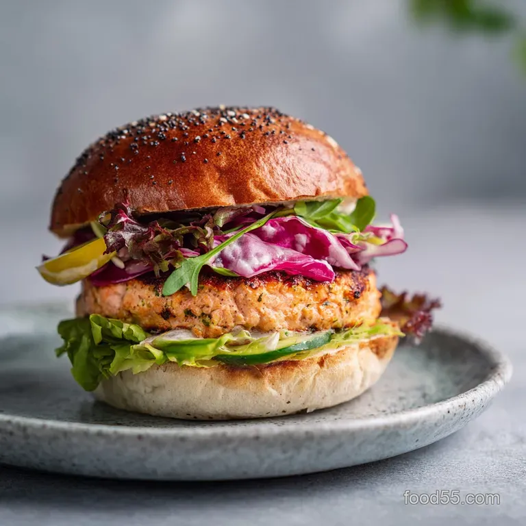 Juicy salmon burger, perfectly grilled, presented on a white plate with a side of crisp, seasoned potato wedges.