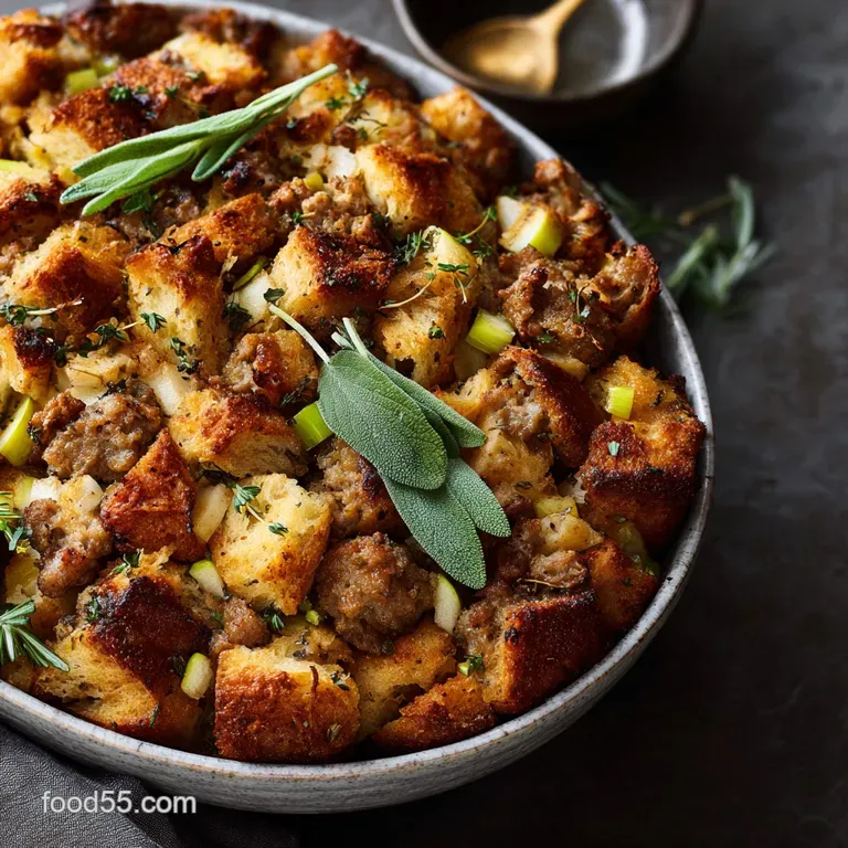 Thanksgiving Stuffing: the Essential Recipe for Sausage Apple and Crispy Sage presentation