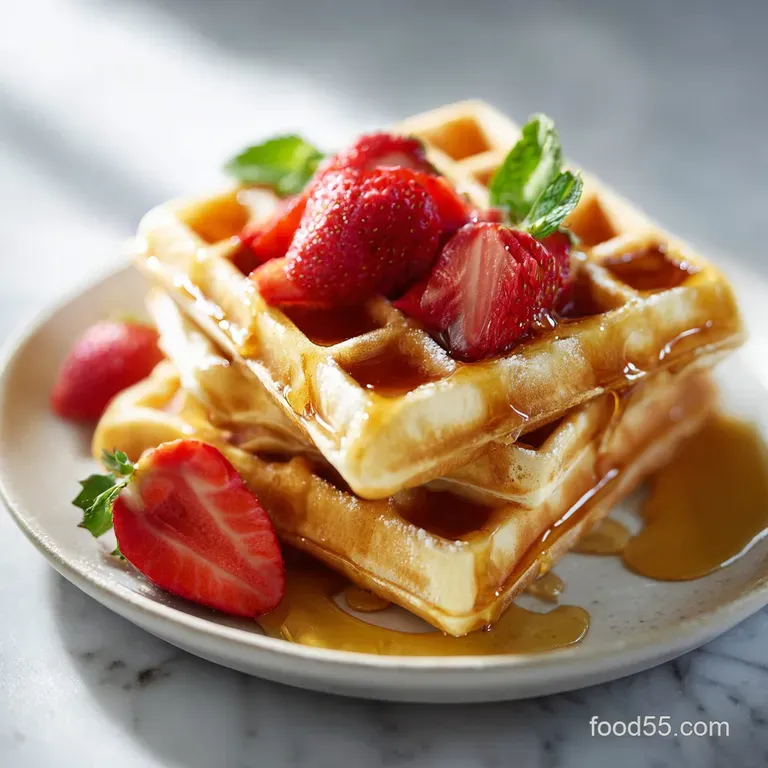 Tall stack of golden Belgian waffles, dusted with powdered sugar, arranged with berries and whipped cream on a white plate.