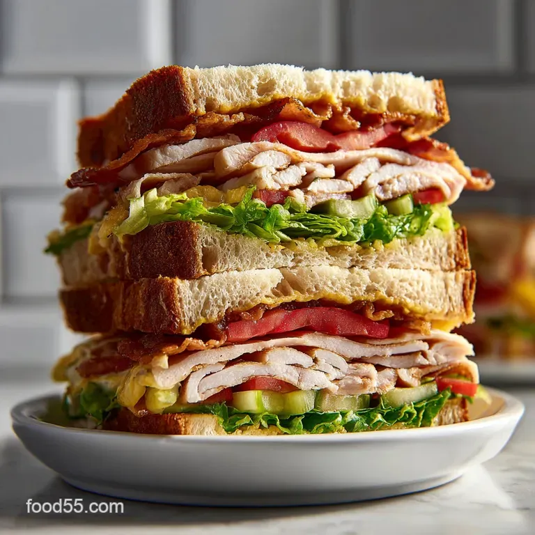 Artfully arranged club sandwich on a white plate. Crisp lettuce, ripe tomato, and smoked bacon layers are visible.