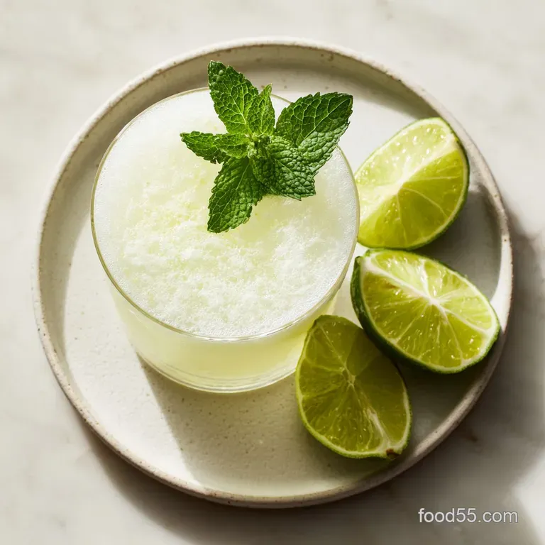 Chilled coconut lemonade in a clear glass, garnished with lemon slice and a sprig of mint. Condensation creates a refreshi...