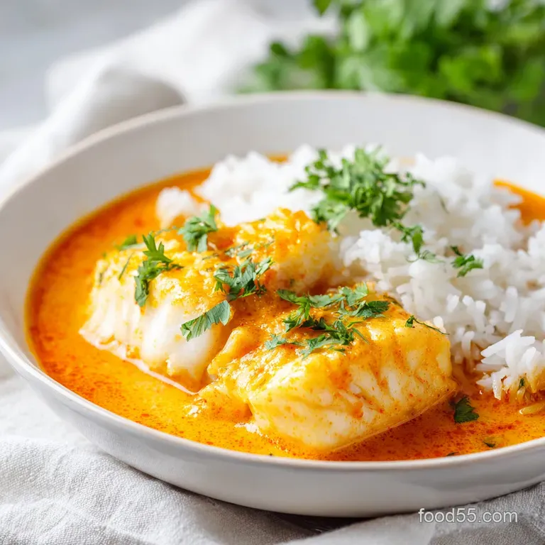 Seared white fish fillet resting on fluffy white rice, topped with a creamy coconut glaze and fresh lime slices.